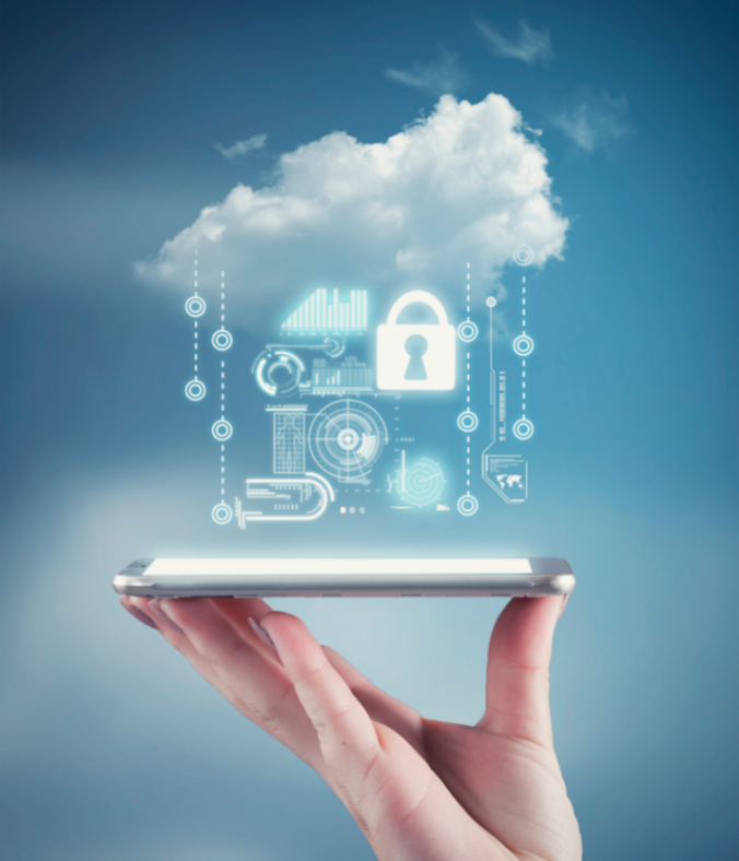 Hand holding a phone with a cloud and personal data information
