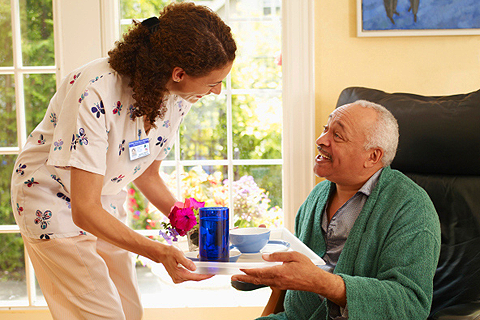 a home healthcare professional giving breakfast to a elderly person